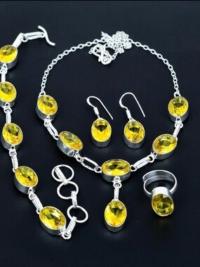 Yellow Cotrine925Sterling-Style Necklace, Bracelet, Earrings & Ring Set